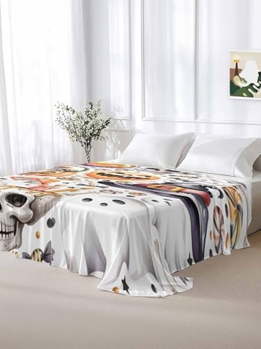 Halloween Queen Flat Sheet Candy Pumpkin Flat Sheets Only Soft Bedding Top Sheets Luxury Hotel Quality Witch Hat Eyeball Skull Ghost Queen Bed Sheet for All Season Bedroom Dorm Halloween Decor - Image 6