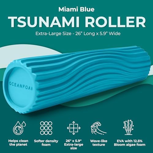 Oceanfoam Tsunami Roller (Miami Blue) - Extra-Large, 26" x 5.9" - Soft, Textured Foam Roller for Physical Therapy, Back Pain, Exercise & Stretching - Wave Textured - Yoga, Athletics, & Wellness - Image 2