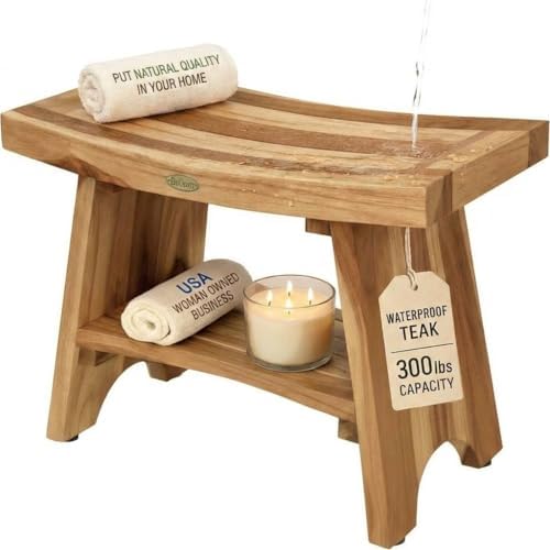 EcoDecors Serenity 24-Inch Teak Shower Bench with Shelf, 300 lb by EcoDecors