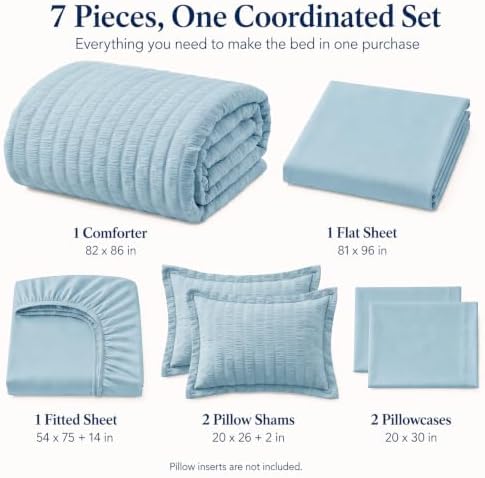 CozyLux Full Size Comforter Set 7 Pieces Light Blue Seersucker Bed in a Bag - Image 2