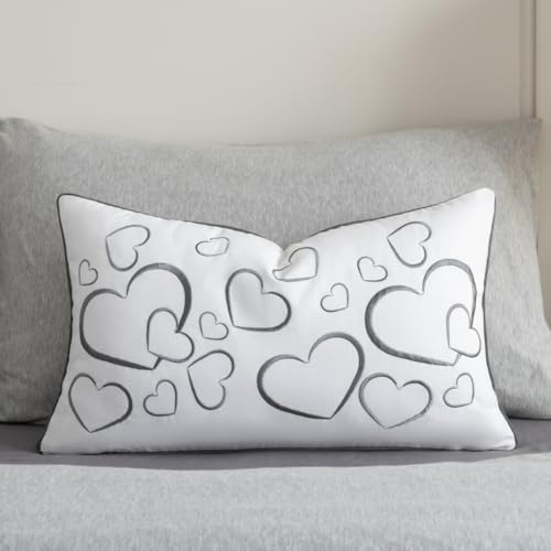 Sanmetex Embroidery Loving Heart Lumbar Pillow Covers, Soft Decorative Throw Pillow Case 12x20 Inches for Bed Bedroom Living Room and Home Décor Grey - Image 3