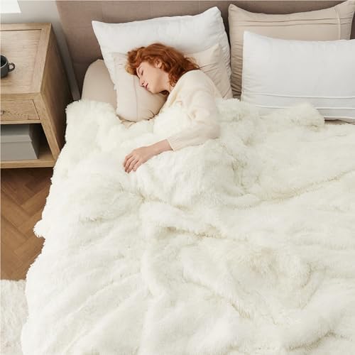 Bedsure Faux Fur Fluffy Sherpa Fleece Queen Bed Blanket Cream 60"x80" - Image 5
