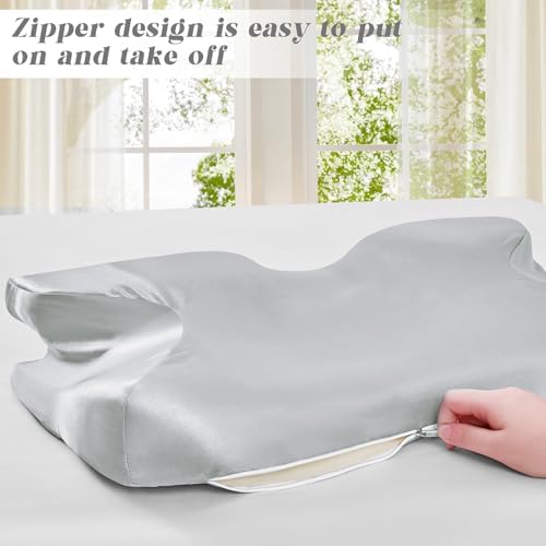 P Pothuiny Light Grey Satin Cervical Pillow Case Cover 1-Pack with Zipper - Image 6