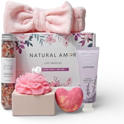 Natural Amor Bath & Spa Gift Set for Women – Floral Relaxation Self Care Box with Headband, Rose Candle, Heart Bath Bomb, Hand Cream, Pink Salt – Birthday, Valentine’s Day Gift by NATURALAMORLOSANGELES