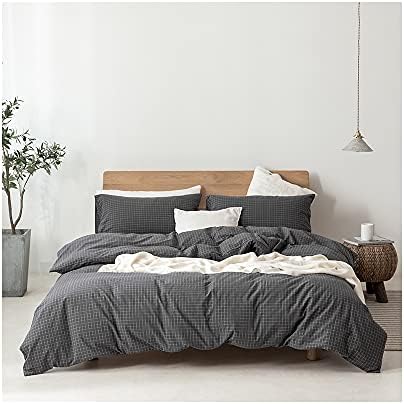 F.Y.Dreams 100% Washed Cotton Duvet Cover for Weighted Blanket 60x80 inches with 16 Ties, Zipper on Long Side/Gray Grid/Just Duvet Cover by FYDreams