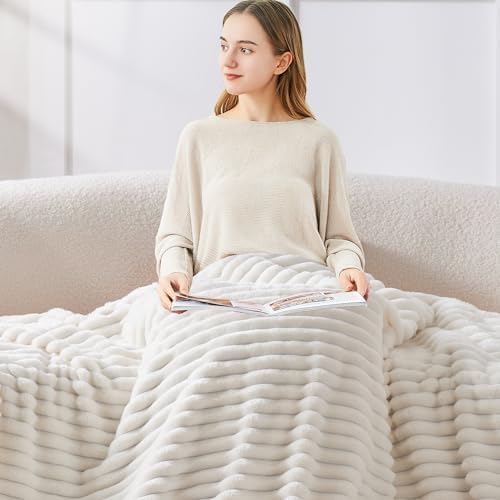 BEDELITE Ribbed Twin Blanket for Couch & Bed, Cream, 60"x80" - Image 3