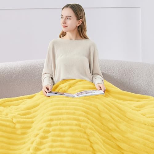 BEDELITE Ribbed Fleece Throw Blanket for Couch, Custard Yellow, 50"x60" - Image 3