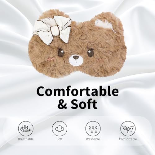PERFECTSIGHT Sleep Eye Masks, Cute Plush Sleep Eye Cover Lightweight Adjustable Eyeshade Faux Fur Mask Cover for Women Men Sleep Travel Nap, Coffee Lace Bear - Image 3