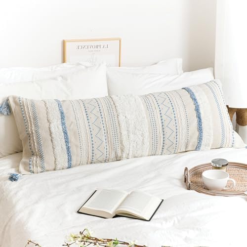 BlissBlush 20X54 Oversized Large Lumbar Pillow Cover for Bed, Rectangular Long Decorative Throw Pillowcase, Cotton Boho Accent Cushion with Blue Tufted Pattern and Tassels, Cream Neutral (Cover Only) - Image 6