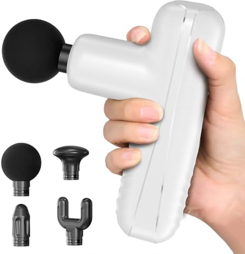 Mini Massage Gun, Powerful Handheld Muscle Massager for Muscle Relaxation, Deep Tissue Percussion Small Massage Gun Travel Massager with 4 Massage Heads Silent Brushless Motor, White by PENJOY