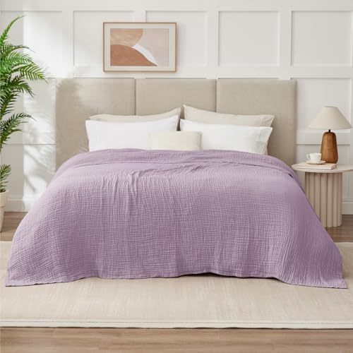 100% Cotton Muslin Blanket California King 120" x 90", 6 Layers Breathable and Lightweight Oversized Blankets for Bed, Soft Cooling Gauze Blanket for Adults All Season, Lavender - Image 2