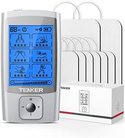 TENKER TENS Unit Muscle Stimulator, 24 Modes EMS Machine for Pain Relief Therapy/Pain Management, Rechargeable Electronic Pulse Massager with 2"x2" and 2"x4" Electrode Pads (Silver) by TENKER