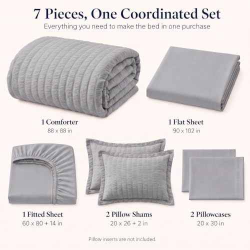 CozyLux Queen Comforter Set, 7 Pieces Grey Seersucker Bed in a Bag - Image 2