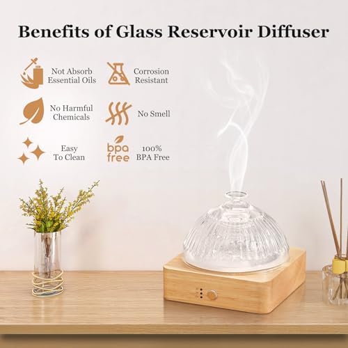 Lecdura Glass Essential Oil Diffuser with Glass Reservoir & WoodBase, 200ml Ultrasonic Lock Color Timer Auto-Off 7 Color Light Aroma Glass Dome Diffuser for Home Office Bedroom Yoga - Image 3