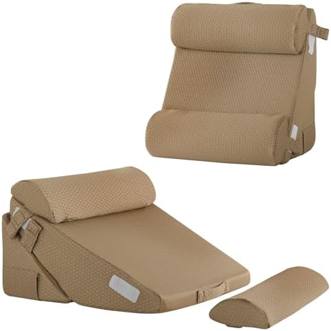 Bedluxe Adjustable 4pcs Bed Wedge Pillow Set, Memory Foam Wedges Pillow Post Surgery for Back, Neck, Leg Pain Relief, Pillows Wedge for Sleeping, Sitting up in Bed, Acid Reflux and GERD, Brown by Bedluxe
