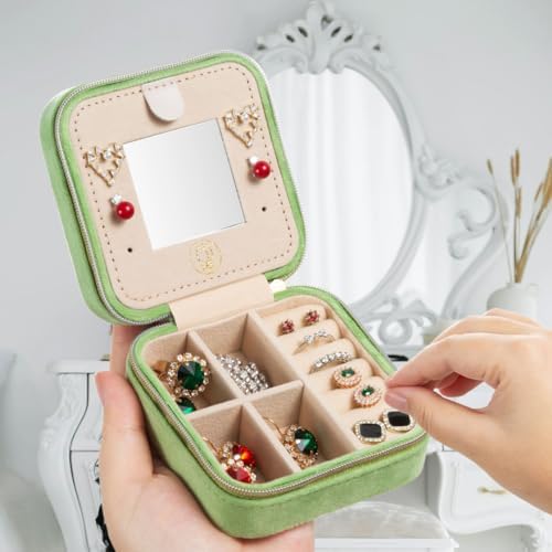 ZPROW Plush Velvet Travel Jewelry Case, Travel Jewelry Organizer, Jewelry Travel Case, Travel Jewelry Box, Small Jewelry Case, Jewelry Travel Box, Earring Organizer with Mirror - LightGreen - Image 2