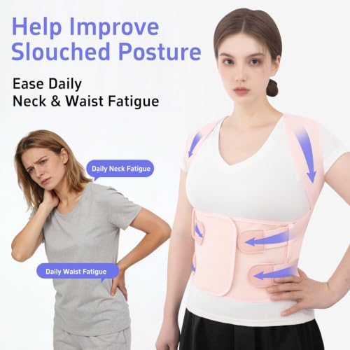 Posture Corrector for Women and Men, Back Brace with Lumbar Support Panel and Adjustable Shoulder Support, Full Back Support Posture Trainer, Back Straightener for Upper Back, Lower Back Support, Rounded Shoulders, Slouching, Hunchback Corrector (Pink,... - Image 3