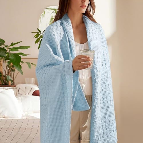 PHF Lightweight 100% Cotton Waffle Throw Blanket for Couch, Baby Blue - Image 2