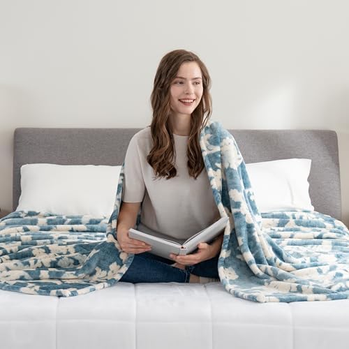 Berkshire Blanket-Classic Heavyweight Soft Printed VelvetLoft® Plush Blanket, Full/Queen Size Soft Fuzzy Warm Blanket for Couch Sofa Bed, Floral Blue, 90in x 90in - Image 2