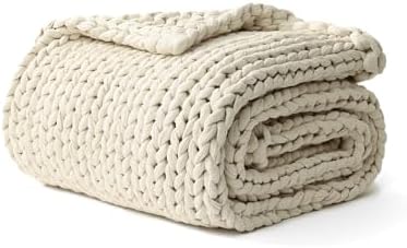 YnM Cotton Weighted Blanket, Handmade Chunky Knitted Design, Soft and Cozy, Temperature Regulating and Breathable, Machine Washable Throw for Sleep or Home Decor (Cream White, 80x84 Inch, 35lbs) by YNM