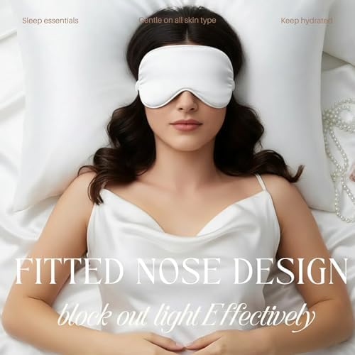 White Sleep Eye Mask, Blackout Silk Satin Travel Blindfold Set Women - Image 4