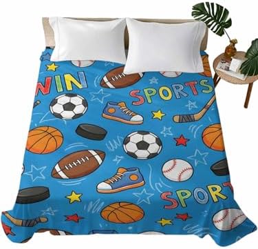 Queen Flat Sheet Sports Balls Flat Sheets Only Soft Breathable Microfiber Bedding Top Sheets Luxury Hotel Quality Basketball Soccer Baseball Rugby Ice Hockey Queen Bed Sheet for Bedroom Dorm Decor by LooPoP