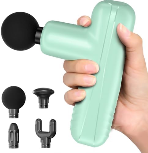 Mini Massage Gun, Powerful Handheld Muscle Massager for Muscle Relaxation, Deep Tissue Percussion Small Massage Gun Travel Massager with 4 Massage Heads Silent Brushless Motor, Green by PENJOY
