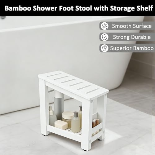 White Bamboo Shower Foot Rest for Shaving Legs, Water-Resistant Pedicure Foot Stool with Lower Storage Shelf, Compact Bathroom Shaving Step for Shower and Bath - Image 6