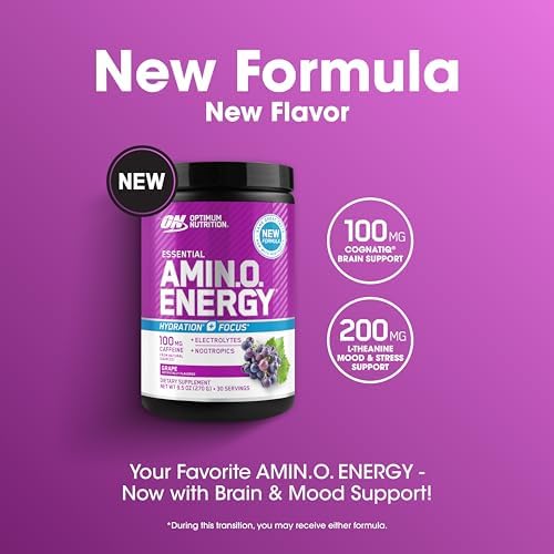 Optimum Nutrition Amino Energy Powder Plus Focus, with BCAA, Electrolytes, and Caffeine, Grape, 30 Servings (Packaging May Vary) - Image 4