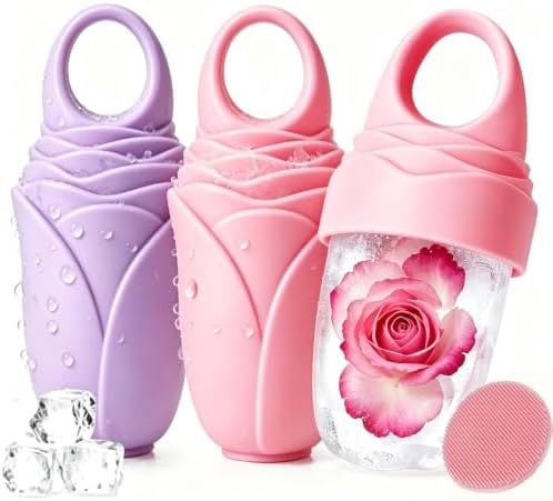 Ice Roller for Face and Eye, Reusable Silicone Facial Ice Roller, Ice Face Mold for Reducing Puffiness, Ice Cube Roller Skin Care Tool with Cleansing Brush for Women & Men, Pink 2 + Purple 1 by Mabnuby