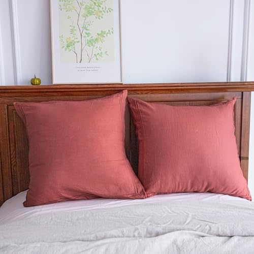 Simple&Opulence 100% French Linen Euro Shams with Embroidery (26'' x 26'') - Pack of 2 - Pre Washed Solid Color Natural Flax Soft Breathable - Coral Red - Image 4