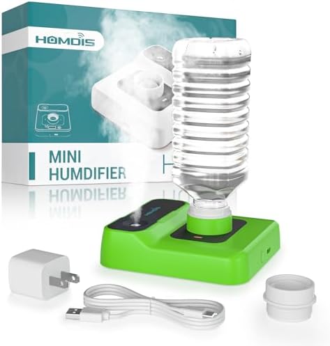 Travel Humidifier, Portable Humidifier for Plants, Bedroom, Office, Hotel or Car, Battery Operated Mini Cool Mist Humidifiers, Quiet 23dB, Auto-off, Night Light & BPA-Free, Grass-Green by HOMDIS