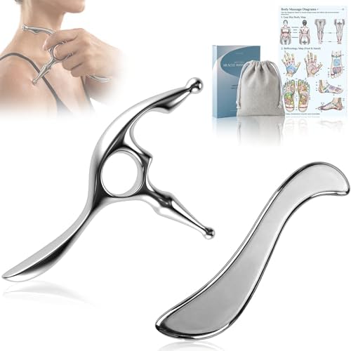 Rena Chris Trigger Point Massage Tool & Muscle Scraper Tool, Stainless Steel Body Gua Sha Tool for Deep Tissue Pain Relief & Fascia Release, with Travel Pouch & Guide (2-Piece Kit) by RenaChris