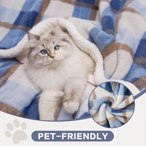 PU MEI Super Soft Faux Rabbit Fur Sherpa Fleece Throw Blanket, Reversible Luxury Cozy Cute Furry Blanket, Plush Warm Shaggy Fluffy Checkered Blankets for Sofa Couch Bed (Blue-Plaid, 80" x 90") - Image 4