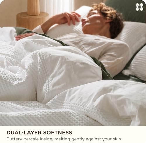 Bedsure PureWoven 3 Pieces 100% Cotton Waffle Weave Duvet Cover Set, White - Image 4