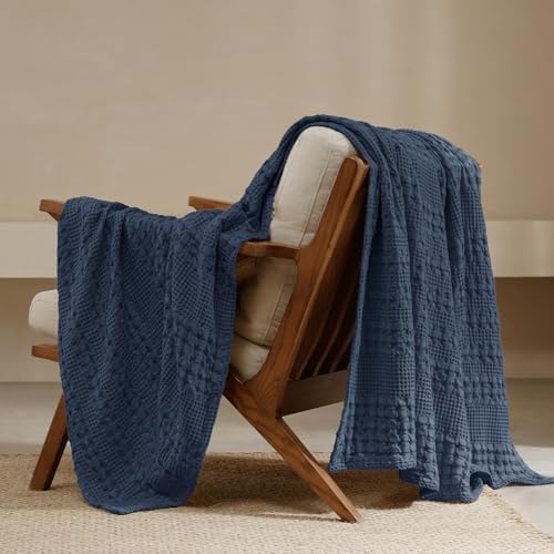 PHF Lightweight 100% Cotton Waffle Throw Blanket for Couch, Indigo by PHF