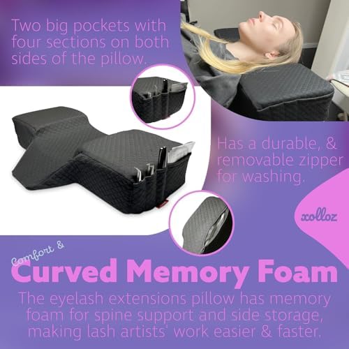 Lash Pillow for Eyelash Extensions - Curved Memory Foam Bed Pillow, Ergonomic Head Rest with Neck Support, Side Pockets for Tools, Fits Lash Beds for Tech – Black - Image 5