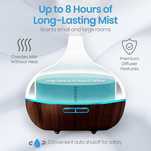 Pure Daily Care Ultimate Aromatherapy Diffuser with Essential Oil Set - 300ml Ultrasonic Diffuser, 4 Timer & 7 Ambient Light Settings - 10 Therapeutic Grade Essential Oils - Oak Wood with Stand - Image 4