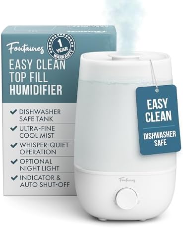 Fontaines Luxury Top-Fill Humidifiers for Bedroom, Cool Mist 360° Ultra-Fine Spray, Whisper-Quiet, Dishwasher-Safe Tank, Nightlight & Auto Shut-Off, Easy Clean Baby Nursery by Fontaines