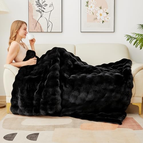 Latepis Soft Black Faux Fur Bubble Blanket, Fuzzy Warm Cozy Twin Blankets for Couch, Plush Fluffy Blankets for Sofa and Bedroom, Throw Blanket, 60” x 80”, 860GSM - Image 3