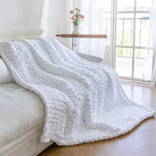 Chunky Knit Throw Blanket for Couch，40x50 Inches White by Larexius