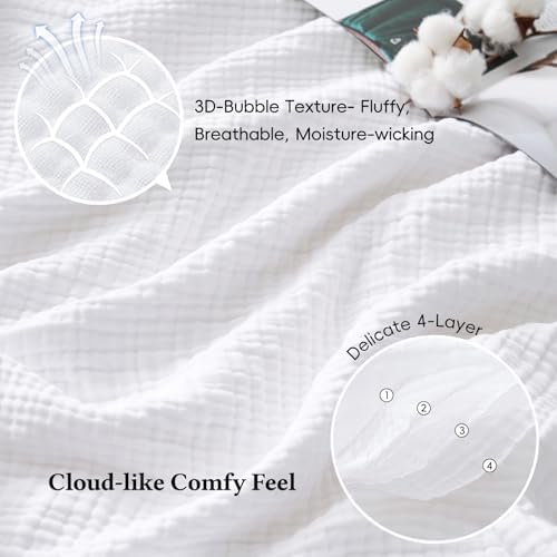 David's Home 100% Cotton Muslin Throw Blanket for College Dorm, 4-Layer Soft Breathable Lightweight Comfy Cozy Throw Guaze for Hot Sleepers, 3D Bubble Room Decor for Bed, Giftable, White, 50"x70" - Image 3