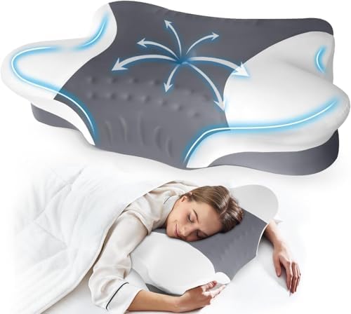Cervical Neck Pillow for Side Sleeper - Memory Foam Pillows Ergonomic Neck Support for Pain Relief Contour Memory Foam - Adjustable Orthopedic Bed Pillows with Breathable Pillowcase (Black-Gray) by Puzzlandia