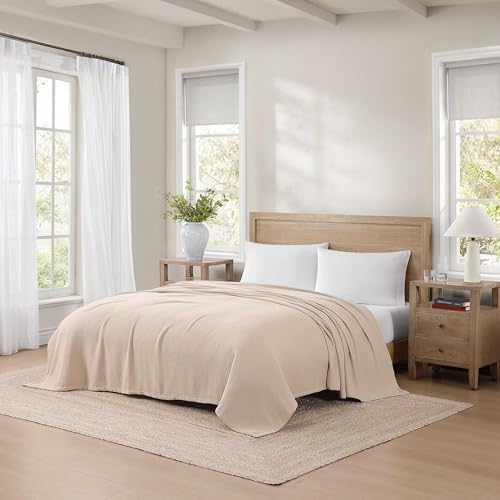 Tommy Hilfiger - Twin Cotton Blanket, Textured Pique Weave Bedding, Medium Weight Soft Blanket, Anti-Pilling & Fade Resistant, Ideal for Layering, Oeko-TEX Certified (Beige) - Image 2