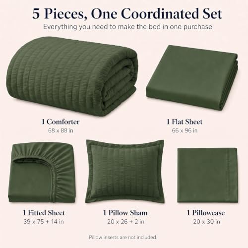 CozyLux Twin Comforter Set, 5 Pieces Olive Green Seersucker Bed in a Bag - Image 2