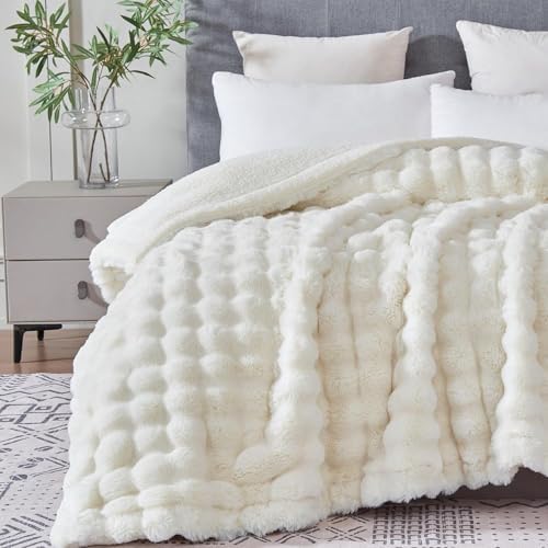 60x80 Inches Ultra-Soft Fuzzy Faux Fur Plush Twin Size Blanket - Thick, Warm Sherpa for Couch, Sofa, Bedroom, Camping - Decorative Blanket for Cozy Warmth, Bubble Ivory White by Serenhom
