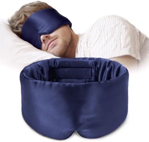 Silk Sleep Mask Soft Pressureless: 100% Mulberry Silk for Eye Skin Anti Wrinkles, Large Size for Total Blackout, Adjustable Wide Velcro Ear Cover by OLESILK