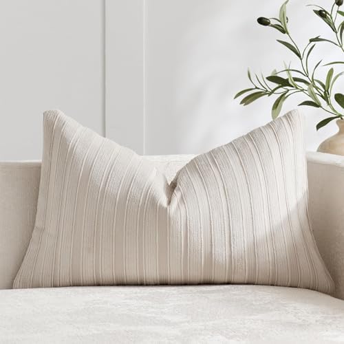 DEZENE 12x20 Beige Lumbar Pillow Covers Soft Striped Corduroy Neutral Rectangular Throw Pillow Cases for Couch Sofa Bedroom Living Room Home Decor by DEZENE
