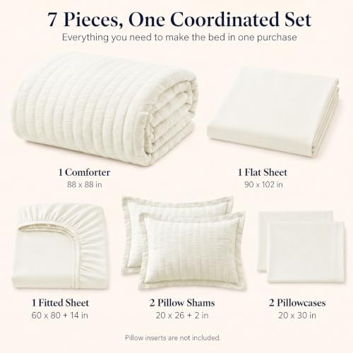 CozyLux Queen Comforter Set, 7 Pieces Ivory Seersucker Bed in a Bag - Image 2