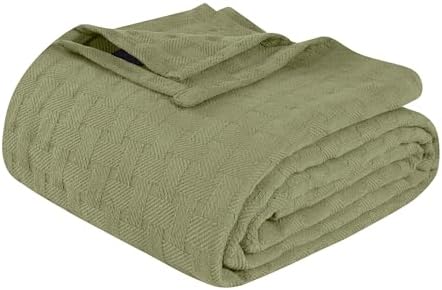 Superior Basketweave Cotton Blanket, Basket Weave Design, Soft, Comfy Cover for Bed, Bedding, Bedroom, Couch Throw, Lounging, Modern Boho Medium Weighted Blankets, King, Sage by SUPERIOR